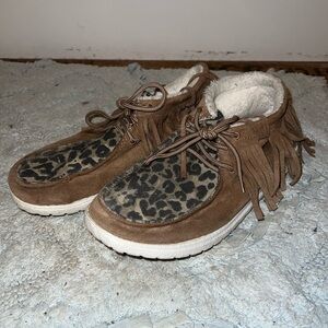 Brown Suede Fringe Moccasins with Leopard Print